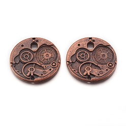 Red Copper Tibetan Style Alloy Pendants, Flat Round Watch Gears Charms, Nice for Steampunk Jewelry Making, Cadmium Free & Lead Free, Red Copper, 38x38x3mm, Hole: 1.5mm