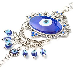 Antique Silver Glass Turkish Blue Evil Eye Pendant Decoration, with Alloy Flower & Moon Design Charm, for Home Wall Hanging Amulet Ornament, Antique Silver, 242mm, Hole: 13.5x10mm