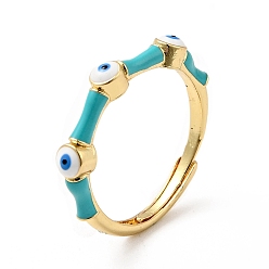 Dark Cyan Enamel Evil Eye Adjustable Ring, Real 18K Gold Plated Brass Lucky Jewelry for Women, Dark Cyan, US Size 7(17.3mm)