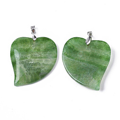 Green Natural Agate Pendants, with Platinum Plated Brass Pinch Bails, Dyed, Heart, Green, 45~46x40~43x5~8mm, Hole: 4x5mm