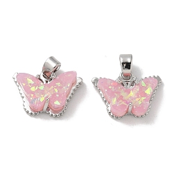 Pink Стойки обшивки латунные подвески, с имитацией опала из смолы и блестками, долговечный, без свинца и без кадмия, бабочка, розовые, 11.5x15.5x5 мм, отверстие : 4x2.5 мм
