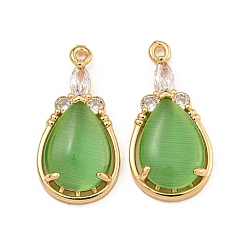 Светло-зеленый Коричневый Стойка металлическая латунная микропрофилированная кубическая циркония подвески, с кошачий глаз, долговечный, золотые, слеза, оливковый, 25x12.5x4.5 мм, отверстие : 1.5 мм