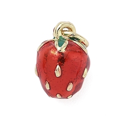 Красный Латунь эмаль подвески, стойки покрытие, долговечный, без свинца и без кадмия, реальный 18 k позолоченный, клубничное очарование, с целью перехода в кольце, красные, 10.5x7 мм, отверстие : 3.2 мм