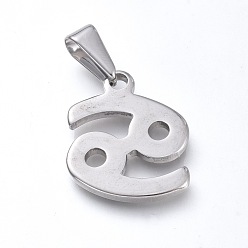 Cancer 304 Stainless Steel Pendants, Constellation/Zodiac Sign, Stainless Steel Color, Cancer, 19x18x1.8mm, Hole: 3x6mm