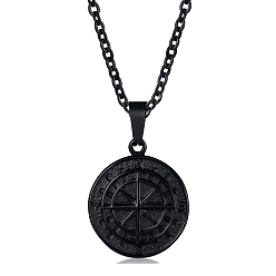 Black Stainless Steel Compass Pendant Necklaces, Black, 23.62 inch(60cm)