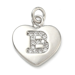 Letter B Латунные микропаве прозрачные подвески с фианитом, сердце прелести, без кадмия и без свинца, стойки покрытие, долговечный, реальный 18 k позолоченный, В письме, 15x15x2 мм, отверстие : 3 мм