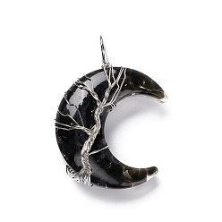Obsidian Natural Obsidian Chips & Transparent Resin Big Pendants, Moon Charms, with Platinum Tone Brass Wire Wrapped, Cadmium Free & Lead Free, 52~53x36~37x14~16mm, Hole: 8mm