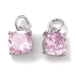Pink Brass Micro Pave Cubic Zirconia Charms, with Jump Ring, Suqare, Platinum, Pink, 9.5x7x3.5mm, Hole: 2.5mm