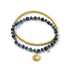 Real 18K Gold Plated 2Pcs 2 Style Natural Lapis Lazuli Beaded Stretch Bracelets Set, Stackable Bracelets with Ion Plating(IP) 304 Stainless Steel Sun Charms, Real 18K Gold Plated, Inner Diameter: 2-1/4~2-1/2 inch(5.7~6.2cm), 1Pc/style