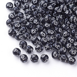 Black Craft Style Acrylic Beads, Round with Cross, Black, 8mm, Hole: 2mm, about 2000pcs/500g