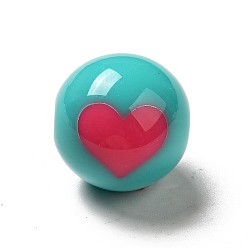 Dark Turquoise Two Tone Opaque Acrylic Beads, Round with Heart, Dark Turquoise, 15.5mm, Hole: 2.8mm, about 217pcs/500g