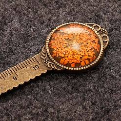 Dark Orange Alloy Ruler Bookmark, Glass Cabochon Bookmark with Dried Queen Anne's Lace Flower Inside, Dark Orange, 120mm