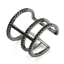 Black Brass Triple Lines Open Cuff Ring with Cubic Zirconia, Lead Free & Cadmium Free, Black, Inner Diameter: 16.2~16.4mm