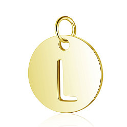 Letter L 304 Stainless Steel Charms, Flat Round with Letter, Golden, Letter.L, 12x1mm, Hole: 2.5mm