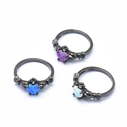 Gunmetal Synthetic Opal Finger Rings, with Cubic Zirconia and Brass Findings, Long-Lasting Plated, Irish Heart, Size 7, Mixed Color, Gunmetal, 17mm