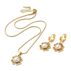 Golden Flower 304 Stainless Steel Jewelry Set, Plastic Pearl Dangle Hoop Earrings and Pendant Necklace, Golden, Necklaces: 402mm; Earring: 32x16.5mm
