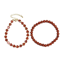 Красный Камень Набор браслетов из натуральной красной яшмы для женщин, сердце и круглый, с латунной бисера, реальный 18 k позолоченный, долговечный, стойки покрытие, внутренний диаметр: 2-1/8 дюйм (5.5 см) и 7-1/4 дюйм (18.5 см)
