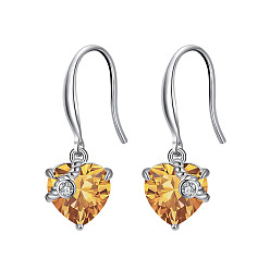 Goldenrod Cubic Zirconia Heart Dangle Earrings, Real Platinum Plated Rhodium Plated 925 Sterling Silver Earrings for Women, Goldenrod, 26mm