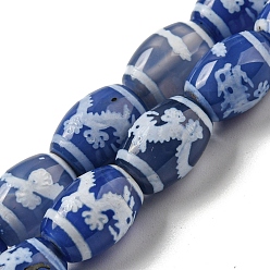 Dragon Tibetan Style dZi Beads Strands, Dyed Natural Agate Beads Strands, Rice, Dragon, 13.5~14x10~10.5mm, Hole: 1mm, about 25pcs/strand, 13.58 inch(34.5cm)