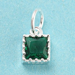 Green 925 Sterling Silver Charms, with Cubic Zirconia, Faceted Square, Silver, Green, 7x5x3mm, Hole: 3mm