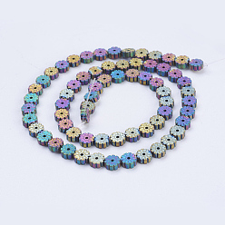 Multi-color Plated Electroplate Non-magnetic Synthetic Hematite Beads Strands, Frosted, Flat Round with Flower, Multi-color Plated, 6x2mm, Hole: 1mm, about 66pcs/strand, 15.9 inch(40.5cm)