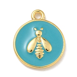 Темный Голубой Подвески из латуни с эмалью в стойку, долговечный, без свинца и без кадмия, реальный 18 k позолоченный, плоский круг с рисунком пчелы, темные голубые, 16x13x2 мм, отверстие : 1.6 мм