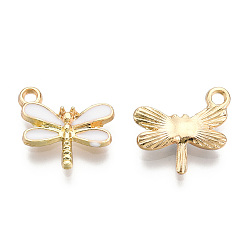 White Light Gold Plated Alloy Charms, with Enamel, Dragonfly, White, 14.5x15.5x3mm, Hole: 1.8mm