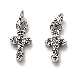Platinum Brass Micro Pave Cubic Zirconia Tiny Cross Charms, with Jump Rings, Long-Lasting Plated, Platinum, 12x6x2mm, Hole: 3mm