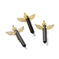 Obsidian Natural Obsidian Faceted Double Terminal Pointed Big Pendants, Angel Charms, with Golden Tone Brass Findings, 54~56x34~36x11~12mm, Hole: 3mm
