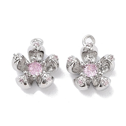 Real Platinum Plated Brass Micro Pave Cubic Zirconia Charms, 5-Petals Flower Charms, Real Platinum Plated, 12.5x11.5x5mm, Hole: 1.2mm