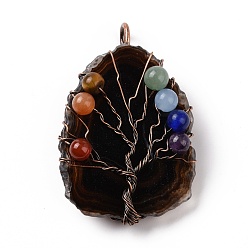 Black Natural Agate Big Pendants, with Rack Plating Brass Wires, Chakra Gemstone Beads, Cadmium Free & Lead Free, Dyed & Heated, Nuggets with Tree, Red Copper, Black, 58~62x37~47x13~14mm, Hole: 4~6mm