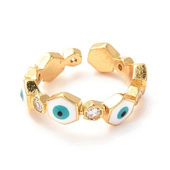 Cyan Evil Eye Golden Enamel Cuff Rings for Women, Brass Micro Pave Clear Cubic Zirconia Open Rings, Cyan, US Size 6(16.5mm), 6mm