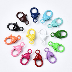 Mixed Color Spray Painted Eco-Friendly Alloy Lobster Claw Clasps, Cadmium Free & Nickel Free & Lead Free, Heart, Mixed Color, 27x15x6.5mm, Hole: 4mm