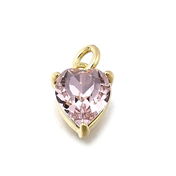 Pink Сердце из латуни со стеклянными подвесками, одиночные каменные прелести, без кадмия и без свинца, долговечный, стойки покрытие, реальный 18 k позолоченный, розовые, 9x7x4.5 мм, отверстие : 2 мм