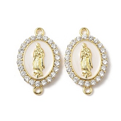 Белый Латунный микропаве прозрачный кубический цирконий эмалированный овал с подвесками-соединителями Девы Марии, реальный 18 k позолоченный, стойки покрытие, без свинца и без кадмия, долговечный, белые, 27x16.5x4 мм, отверстие : 1.8 мм