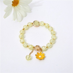 Champagne Yellow Glass Round Beaded Stretch Bracelets, with Alloy Enamel Daisy Flower Charms, Champagne Yellow, Inner Diameter: 2-3/8 inch(6cm)