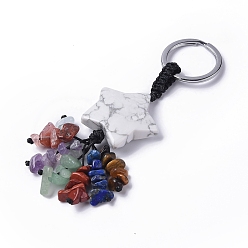 Howlite Natural Howlite Star with Mixed Gemstone Chips Beaded Tassel Keychains, with 304 Stainless Steel Ring Clasps, 9.5~10cm