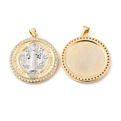 Real 18K Gold Plated Rack Plating Brass Micro Pave Cubic Zirconia Pendants, Cadmium Free & Lead Free, Long-Lasting Plated, Flat Round with Saint Benedict Charm, Religion Theme, Real 18K Gold Plated & Platinum, 30x27x2.5mm, Hole: 4.2x3.4mm