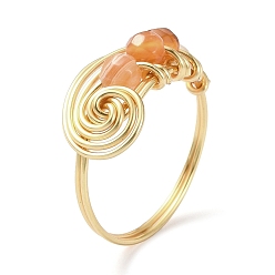 Carnelian Natural Carnelian Round Beaded Finger Ring, Light Gold Copper Wire Wrapped Vortex Ring, US Size 8 1/2(18.5mm)