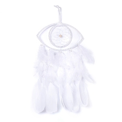 White Handmade Eye Woven Net/Web with Feather Wall Hanging Decoration, with Wooden/Plastic Beads, for Home Offices Amulet Ornament, White, 410mm