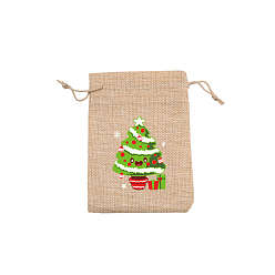 Christmas Tree Rectangle Christmas Themed Burlap Drawstring Gift Bags, Gift Pouches for Christmas Party Supplies, BurlyWood, Christmas Tree, 14x10cm