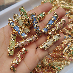 Mixed Color Synthetic Luminous Stone Column Pendants, Golden Plated Alloy Dragon Wrapped Charms, Mixed Color, 36x11mm