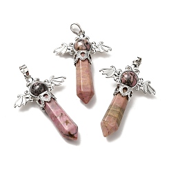 Rhodonite Natural Rhodonite Pendants, Angel Charms, with Rack Plating Platinum Tone Brass Findings, Cadmium Free & Lead Free, 52~53x37x11mm, Hole: 8x5mm
