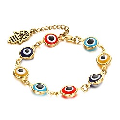 Colorful Lampwork Evil Eye Link Chain Bracelet with Golden Stainless Steel Hamsa Hand, Colorful, 6-7/8 inch(17.5cm)