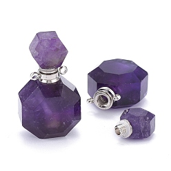 Amethyst Faceted Natural Amethyst Openable Perfume Bottle Pendants, with 304 Stainless Steel Findings, Stainless Steel Color, 34~36x20~22x12~13mm, Hole: 1.8mm, Bottle Capacity: 1ml(0.034 fl. oz)