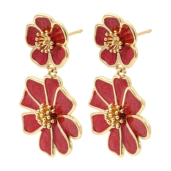 Красный Серьги-гвоздики с цветком из латуни, без кадмия и без свинца, стойки покрытие, долговечный, реальный 18 k позолоченный, красные, 40.5x24 мм