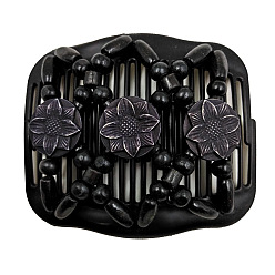 Noir Fabricant de pain de cheveux en plastique, peigne double élastique, avec perles de bois et fleur de résine, noir, 80x105mm