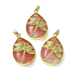 Вишневый Кварц Вишневое из кварцевого стекла подвески, с фурнитурой латунной золотого тона, без свинца и без кадмия, слезинка с подвесками в виде стрекоз, 40~40.5x26~26.5x8.5~9.5 мм, отверстие : 7~8x4.5~5 мм