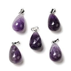 Amethyst Natural Amethyst Pendants, with Platinum Tone Brass Findings, Teardrop Charm, 20~21x11~12mm, Hole: 6x3.5mm