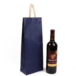 Midnight Blue Rectangle Solid Color Kraft Paper Gift Bags, with Hemp Rope Handles, for Single Wine Packaging Bag, Midnight Blue, 8x15x38cm